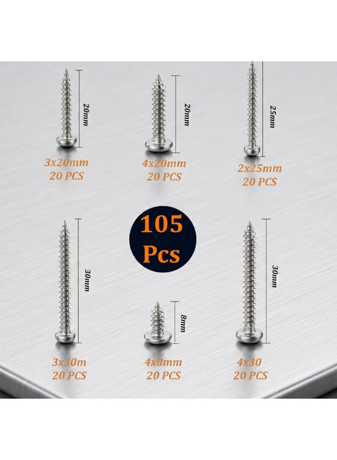 105PCS Stainless Steel Pan Head Phillips Self Tapping Screws Assortment – 304 Stainless Steel Self Drilling Screws Kit for Metal, Wood, and DIY Fixing (Multiple Sizes) - Image 3