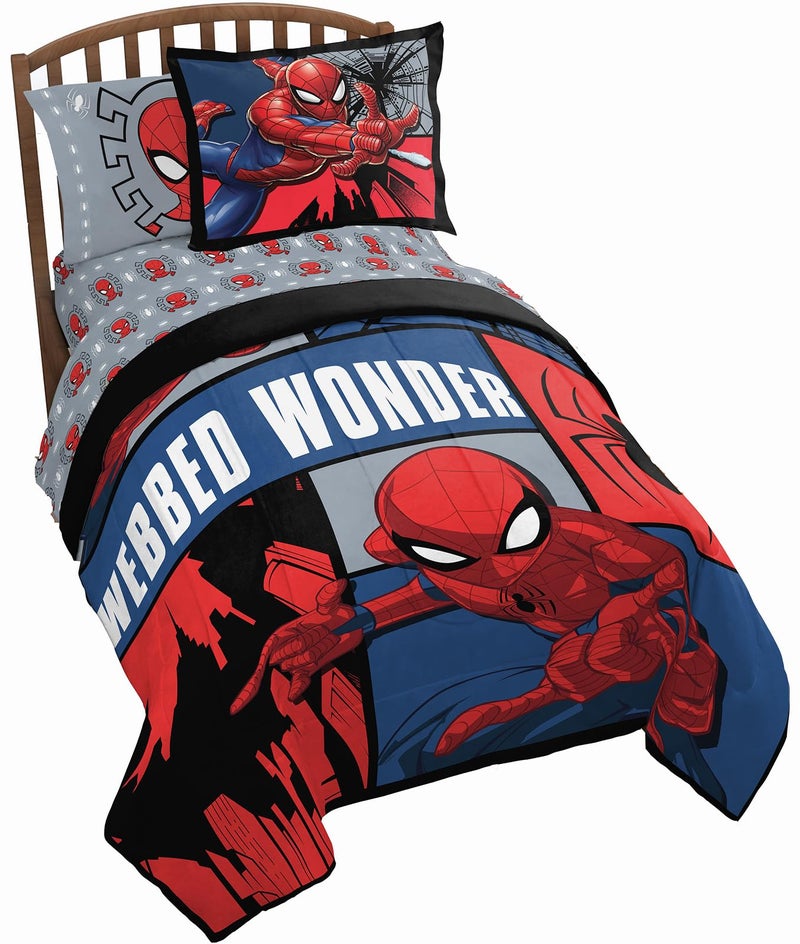Jay Franco Marvel Spiderman Webbed Wonder 5 Piece Twin Bed Set  Includes Comforter  Sheet Set  Bedding Features Spiderman  Super Soft Fade Resistant Polyester  Official Marvel Product