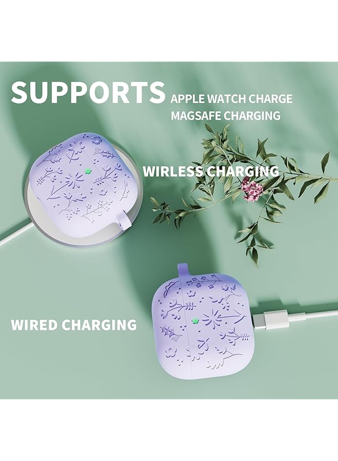 إيروريكس حافظة محفورة من فلورا لسماعات ايربودز الجيل الرابع 2024 حافظة سيليكون واقية مقاومة للصدمات مع مجموعة تنظيف وسلسلة مفاتيح متوافقة مع سماعات ايربودز 4 للنساء والرجال باللون الأرجواني - Image 5