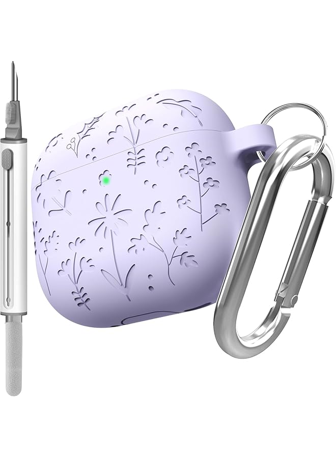 إيروريكس حافظة محفورة من فلورا لسماعات ايربودز الجيل الرابع 2024 حافظة سيليكون واقية مقاومة للصدمات مع مجموعة تنظيف وسلسلة مفاتيح متوافقة مع سماعات ايربودز 4 للنساء والرجال باللون الأرجواني - Image 1