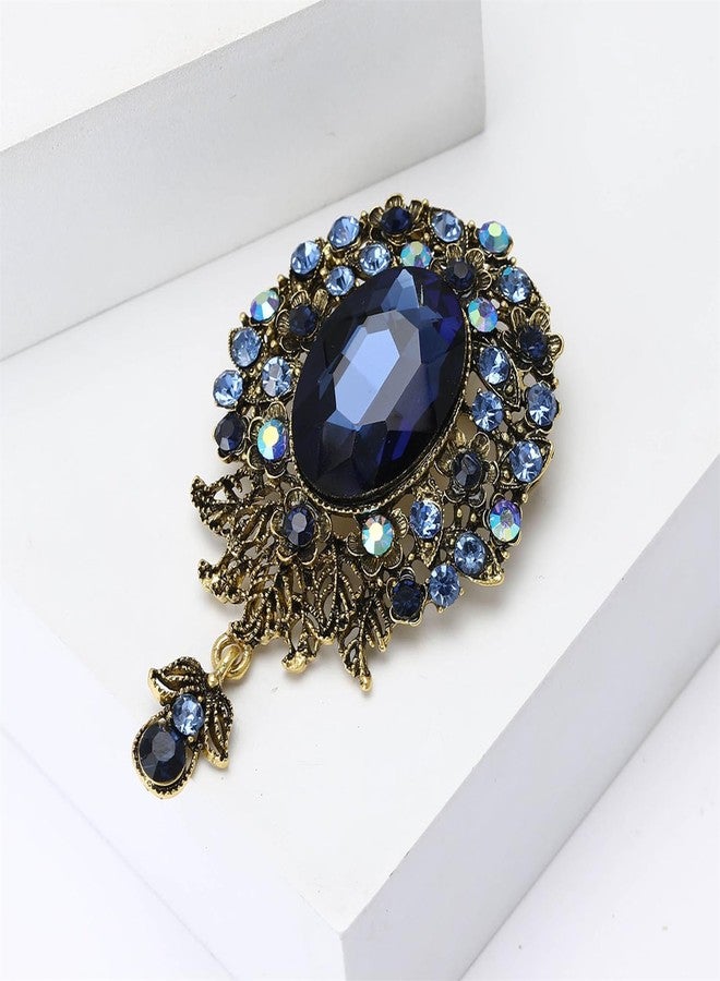 RLHRNDE Vintage Austrian Crystal Brooch Pin for Women Men Antique Teardrop Diamond Flower Brooch Victorian Style Brooches Elegant Wedding Broach Pin for Clothes Dress Hats Bags Accessory (Blue) - Image 5