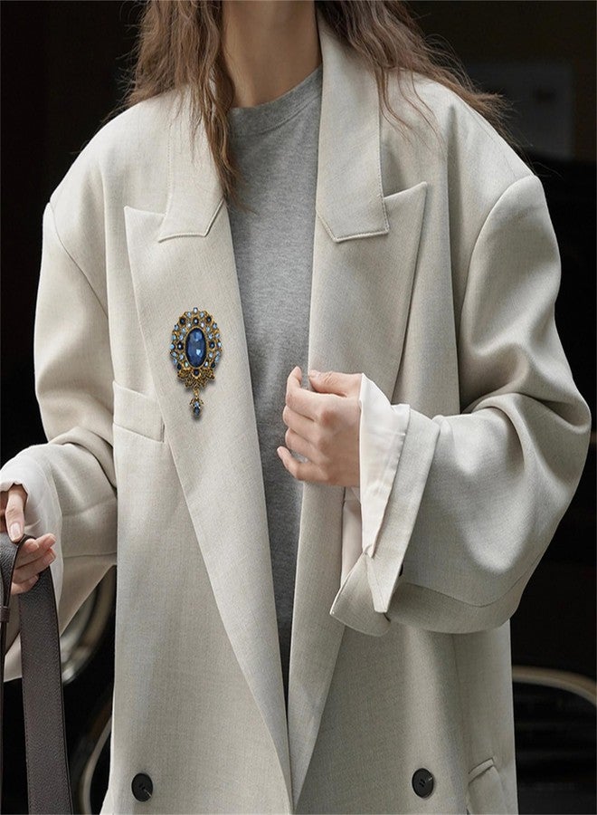 RLHRNDE Vintage Austrian Crystal Brooch Pin for Women Men Antique Teardrop Diamond Flower Brooch Victorian Style Brooches Elegant Wedding Broach Pin for Clothes Dress Hats Bags Accessory (Blue) - Image 3