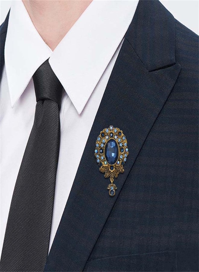 RLHRNDE Vintage Austrian Crystal Brooch Pin for Women Men Antique Teardrop Diamond Flower Brooch Victorian Style Brooches Elegant Wedding Broach Pin for Clothes Dress Hats Bags Accessory (Blue) - Image 2