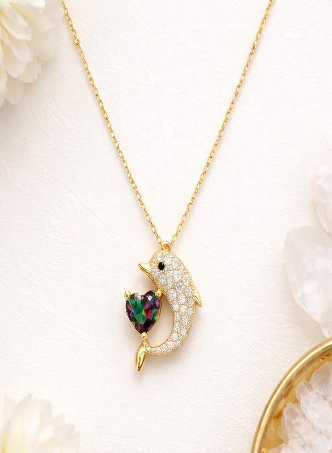 MEENAZ Jewellery Gold Dolphin Heart Solitaire Pendant Necklace for Woman | AD Diamond Dolphin Heart Locket Adjustable Chain Stylish Anti Tarnish Necklace | Valentine Gift for Women Girlfriend 247 - Image 4