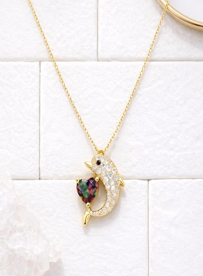 MEENAZ Jewellery Gold Dolphin Heart Solitaire Pendant Necklace for Woman | AD Diamond Dolphin Heart Locket Adjustable Chain Stylish Anti Tarnish Necklace | Valentine Gift for Women Girlfriend 247 - Image 3
