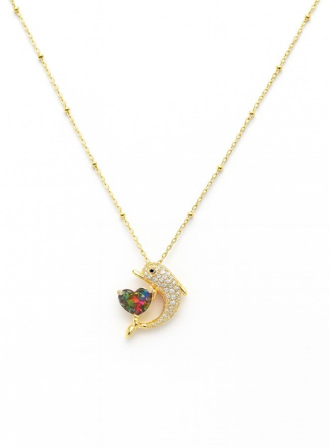 MEENAZ Jewellery Gold Dolphin Heart Solitaire Pendant Necklace for Woman | AD Diamond Dolphin Heart Locket Adjustable Chain Stylish Anti Tarnish Necklace | Valentine Gift for Women Girlfriend 247 - Image 1