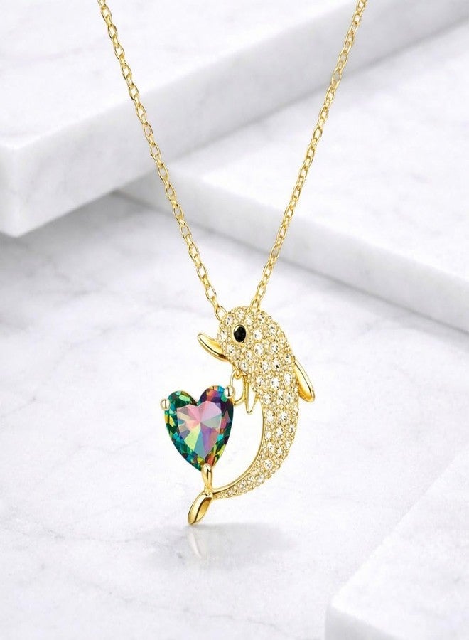 MEENAZ Jewellery Gold Dolphin Heart Solitaire Pendant Necklace for Woman | AD Diamond Dolphin Heart Locket Adjustable Chain Stylish Anti Tarnish Necklace | Valentine Gift for Women Girlfriend 247 - Image 5