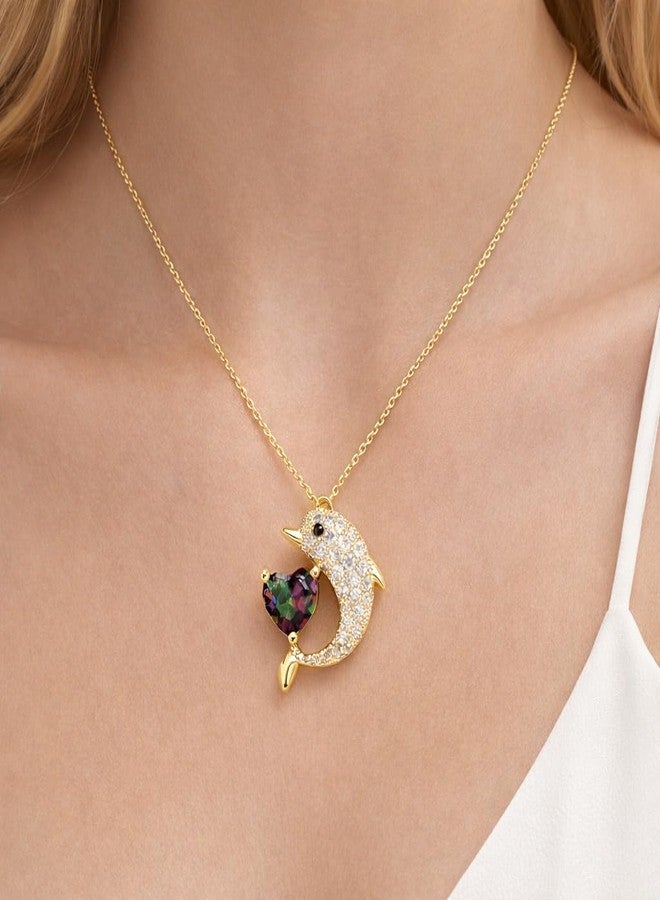 MEENAZ Jewellery Gold Dolphin Heart Solitaire Pendant Necklace for Woman | AD Diamond Dolphin Heart Locket Adjustable Chain Stylish Anti Tarnish Necklace | Valentine Gift for Women Girlfriend 247 - Image 2