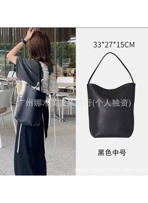 The Row Leather Tote Bag Large Capacity Casual Shoulder Medium Black