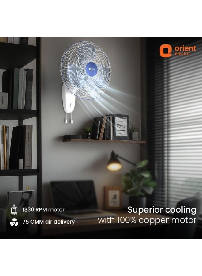 Orient Electric Wall 91 | Wall Fan for Home | 100% Copper Motor with COP-TER Technology | 90 Degree Oscillation & Tilt Mechanism | 3 Speed Pull Cord | Military Grade Guard | White & Blue - Image 4