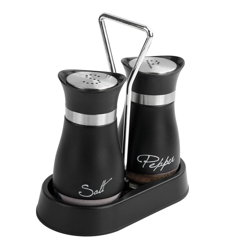 Wartter 2 PCS - Stainless Steel and Glass Salt and Pepper Shaker Sets with Holder (BLACK) - Image 1