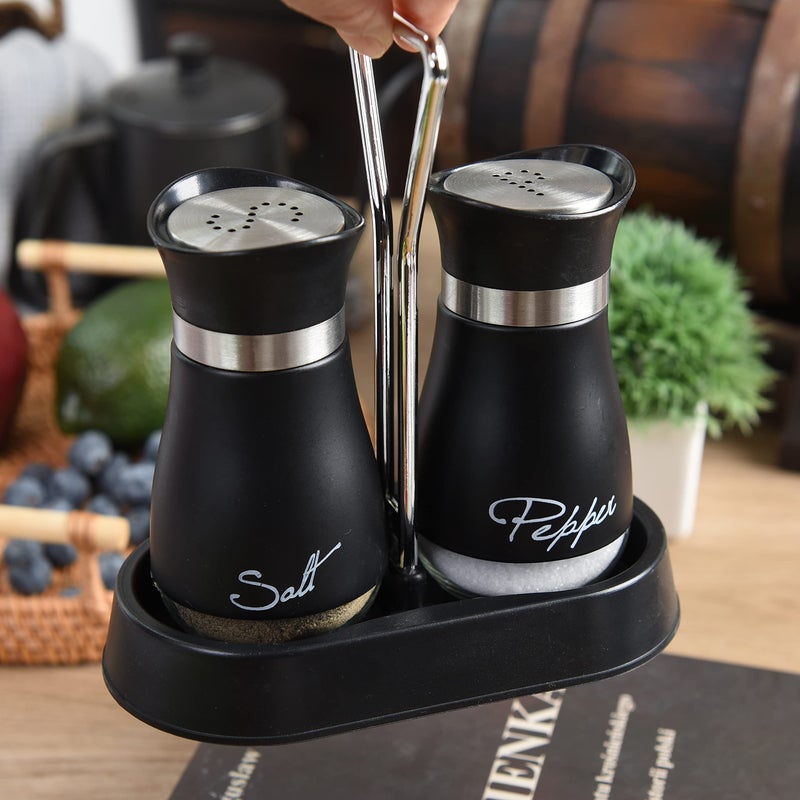 Wartter 2 PCS - Stainless Steel and Glass Salt and Pepper Shaker Sets with Holder (BLACK) - Image 4