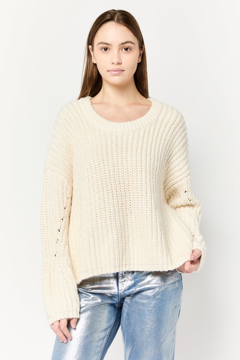 Aerie Women Round Neck Crochet Sweater, Off White - Image 1