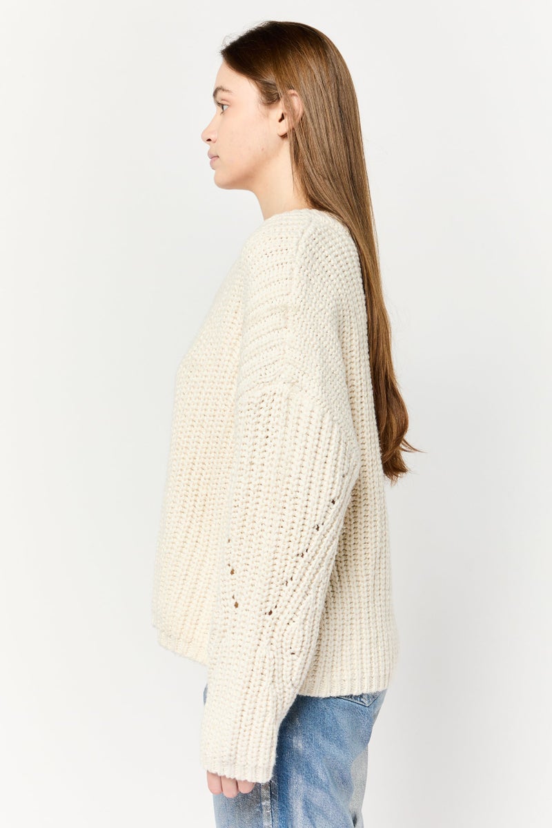 Aerie Women Round Neck Crochet Sweater, Off White - Image 3