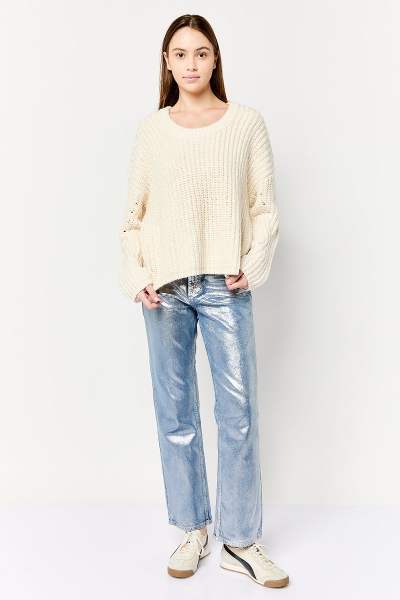 Aerie Women Round Neck Crochet Sweater, Off White - Image 4