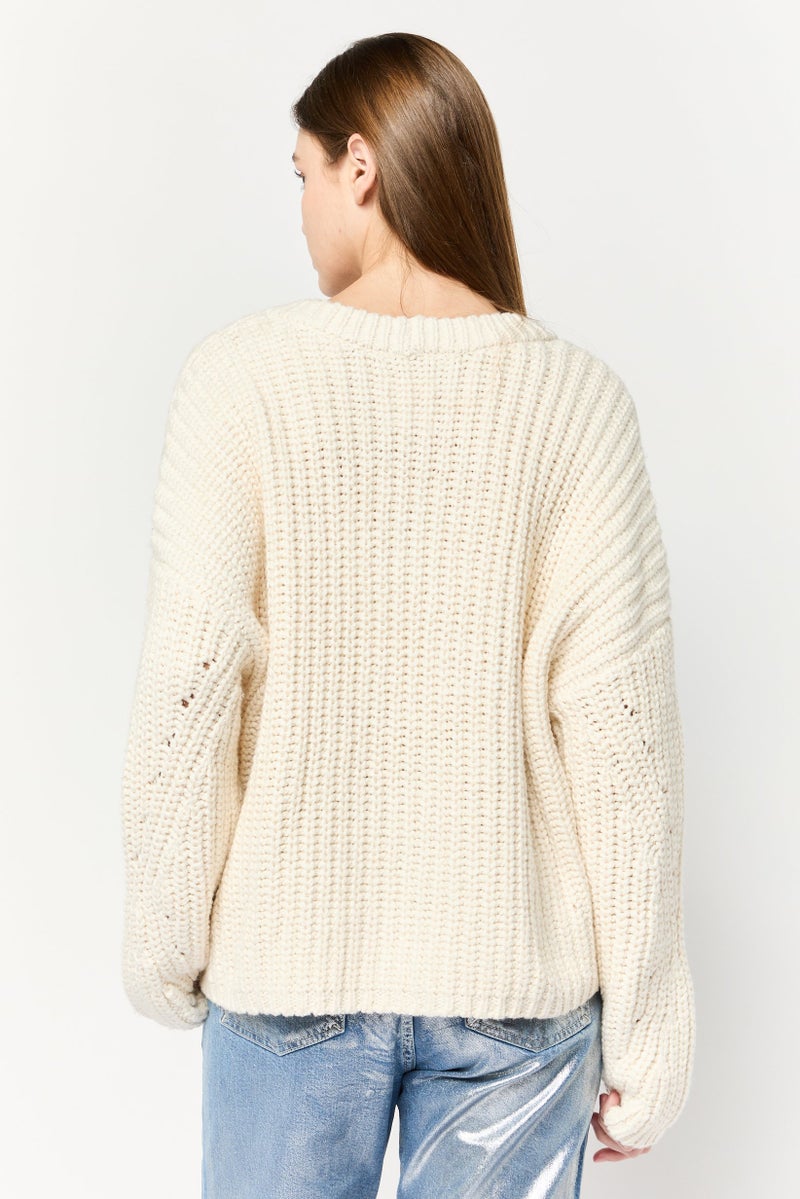 Aerie Women Round Neck Crochet Sweater, Off White - Image 2