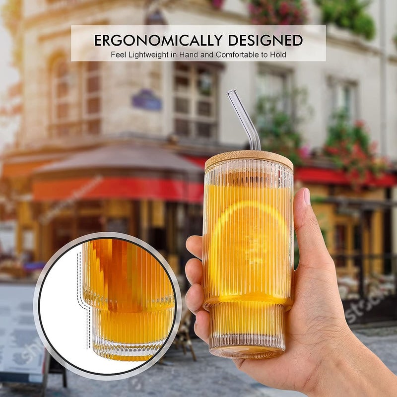 KELVEE Ribbed Glass Coffee Tumbler with Straw Green Tea Sipper Mugs with Bamboo Lid, Pack of 1, 400ml Travel Drinking Glasses Mug for Milk, Juice, Smoothies, Beer, Water Mason jar Can Cup (Linning) - Image 4