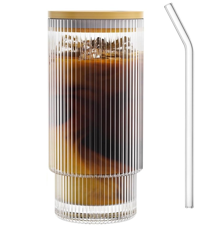 KELVEE Ribbed Glass Coffee Tumbler with Straw Green Tea Sipper Mugs with Bamboo Lid, Pack of 1, 400ml Travel Drinking Glasses Mug for Milk, Juice, Smoothies, Beer, Water Mason jar Can Cup (Linning) - Image 1
