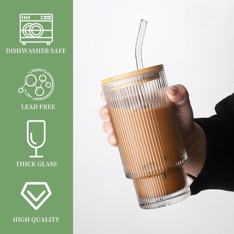 KELVEE Ribbed Glass Coffee Tumbler with Straw Green Tea Sipper Mugs with Bamboo Lid, Pack of 1, 400ml Travel Drinking Glasses Mug for Milk, Juice, Smoothies, Beer, Water Mason jar Can Cup (Linning) - Image 3