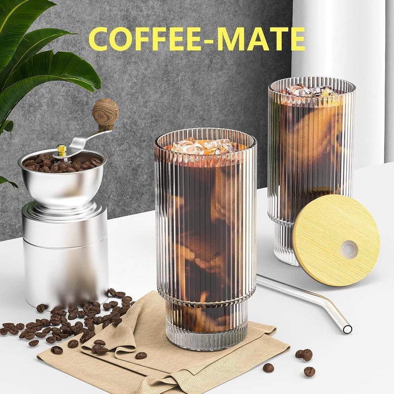 KELVEE Ribbed Glass Coffee Tumbler with Straw Green Tea Sipper Mugs with Bamboo Lid, Pack of 1, 400ml Travel Drinking Glasses Mug for Milk, Juice, Smoothies, Beer, Water Mason jar Can Cup (Linning) - Image 2