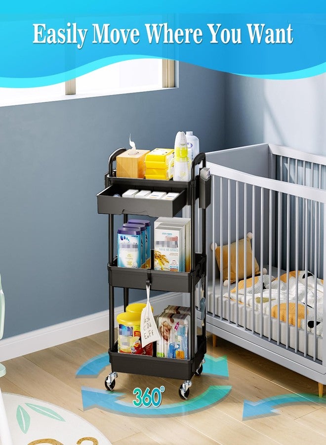 SUNALLY 3 Tier Rolling Storage Carts with Removable Drawers, Lockable Wheels, Hooks & Cup Holders - Easy Assembly Storage Organizer for Kitchen, Bathroom, Office, Craft Room, Makeup, Black - Image 5