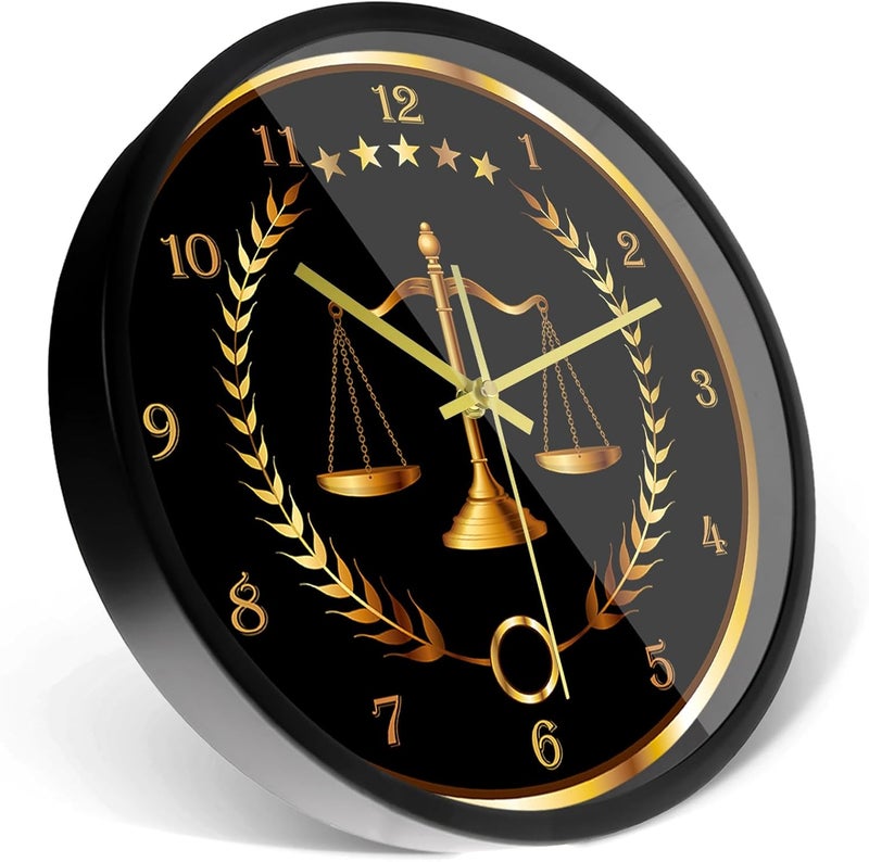 Timethink ساعة حائط مستديرة بإطار معدني بميزان العدالة، تعمل بالبطارية، كوارتز غير ناقر، بإطار ألومنيوم أسود للقضاة والقانون، لتزيين مكتب المحامي، مكتب شركة المحاماة، المدرسة، غرفة المعيشة، فن الحائط. - Image 4
