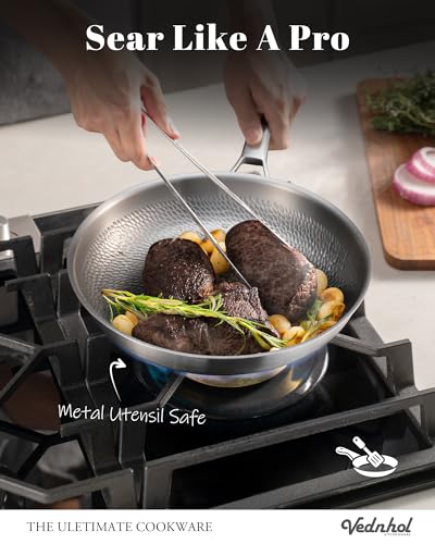 VEDNHOL Titanium Pans set with 2Lids,8+10+12Inch Pure Titanium Hammered Upgarde Pro Non-Toxic Skillet for Cooking, PFAS/PFOA/PTFE Free Cookware, Dishwasher&Oven Safe, Kitchen Induction Compatible - Image 4