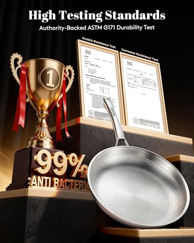 VEDNHOL Titanium Pans set with 2Lids,8+10+12Inch Pure Titanium Hammered Upgarde Pro Non-Toxic Skillet for Cooking, PFAS/PFOA/PTFE Free Cookware, Dishwasher&Oven Safe, Kitchen Induction Compatible - Image 5