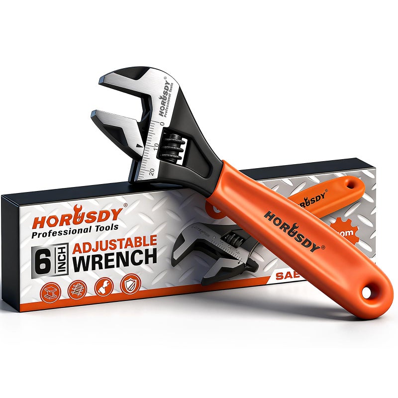 HORUSDY 6" Adjustable Wrench Pipe Spanner: Wide Jaw Black Oxide Wrench With Cushion Grip, Laser Marked Metric & SAE Scales, CR-V Steel, for Professionals - Image 1