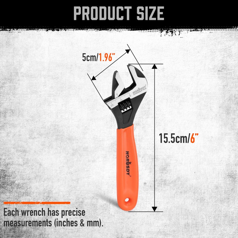 HORUSDY 6" Adjustable Wrench Pipe Spanner: Wide Jaw Black Oxide Wrench With Cushion Grip, Laser Marked Metric & SAE Scales, CR-V Steel, for Professionals - Image 4