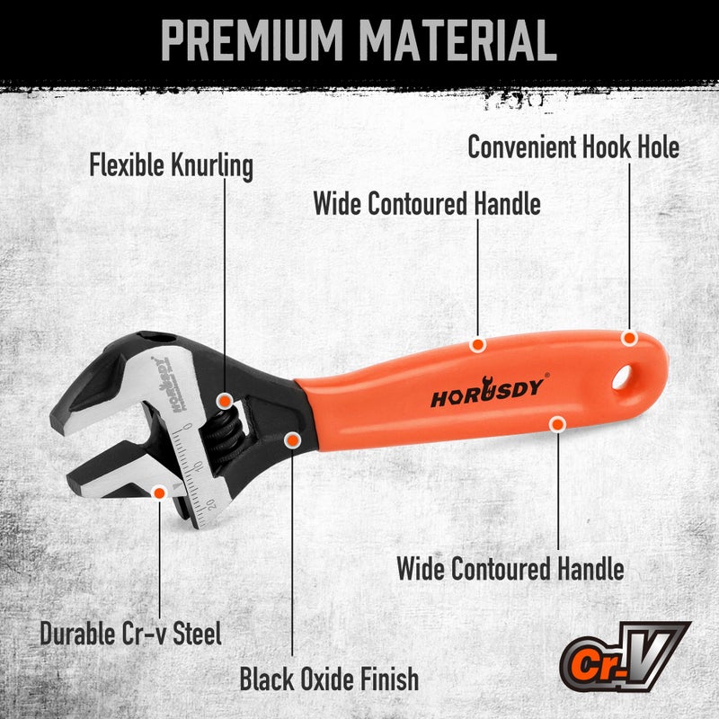 HORUSDY 6" Adjustable Wrench Pipe Spanner: Wide Jaw Black Oxide Wrench With Cushion Grip, Laser Marked Metric & SAE Scales, CR-V Steel, for Professionals - Image 5