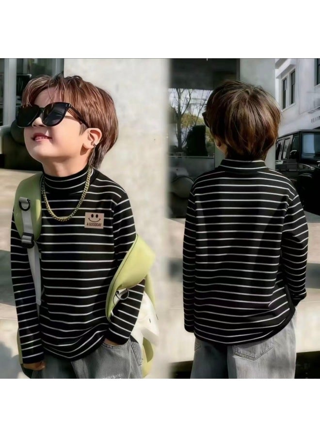 Children's Velvet Bottoming Shirt Half Turtleneck Long-sleeved T-shirt Autumn And Winter Simple Stripesd Top Velvet Thermal Shirt For Boys And Girls