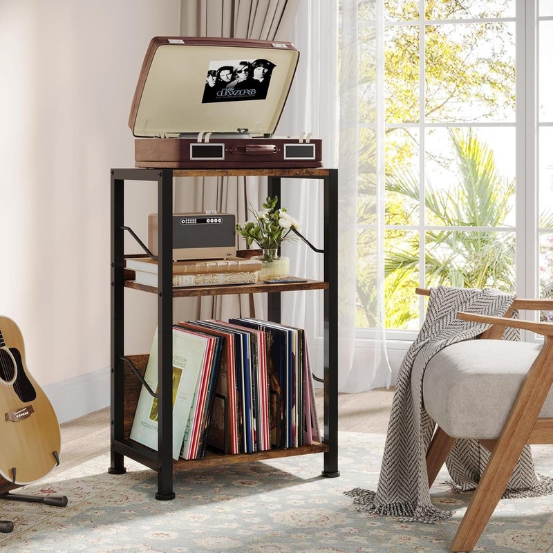 Hosfais 3 Tier Record Player Stand, Retro Vinyl Storage End Table Records for Living Room Bedroom (Brown) - Image 2