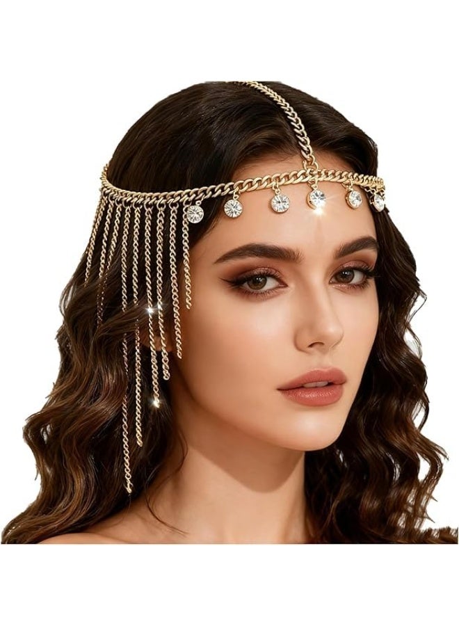 SYOSI Gold Rhinestone Head Chain, Crystal Tassel Pendant Hair Jewelry, Goddess Bridal Headpiece for Wedding Ceremonies, Halloween Costumes, Prom Parties, Egyptian Theme Events, Gold/Silver, One Size - Image 1