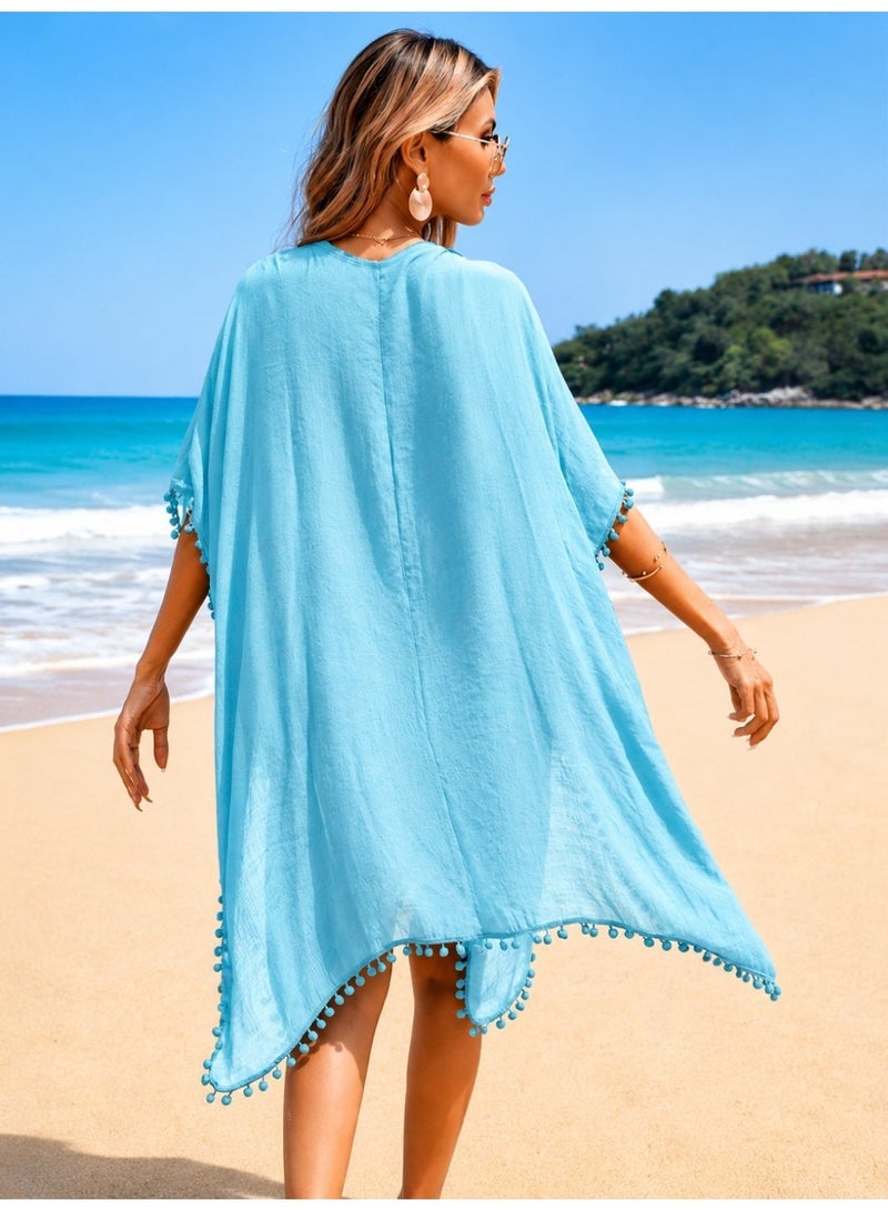 Elegant Viscose Women's Blue Beach Cover Up Kaftan Dress Lightweight Summer Beachwear Swimsuit Cover Up Bikini Cover Up V Neck Loose Fit Beach Dress for Ladies Oversized Kaftan Plus Size Beach Cover Up Plus Size Kaftan Plus Size Beach Dress Boho Pom Pom Trim Cover Up Flowy Resort Wear Pool Cover Up Vacation Outfit Holiday Beach Dress Swimwear Cover Up Tunic Dress Casual Summer Dress Quick Dry Beach Cover Up Elegant Beach Kaftan Relaxed Fit Cover Up Sheer Beach Dress Fashion Beachwear for Women Poolside Cover Up Cruise Wear Tropical Vacation Clothing Holiday Resort Outfit Beach Tunic Kimono Style Cover Up Lounge Beach Dress Stylish Swim Cover Up Lightweight Vacation Dress Bohemian Beach Kaftan Travel Beachwear Coastal Resort Wear Chic Beach Outfit Summer Holiday Dress Oversized Beachwear Breathable Beach Cover Up Women's Resort Kaftan Fashion Swim Cover Up Blue Beach Tunic Elegant Vacation Wear Beach Vacation Essential One Size Fits Most Loose Oversized Fit, One Size - Image 4
