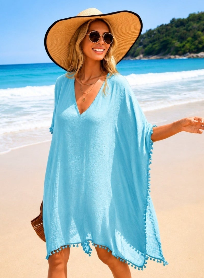 Beach Cover Up Blue Beach Dress for Ladies Viscose Kaftan Dress Lightweight Summer Beachwear Swimsuit Cover Up Bikini Cover Up V Neck Loose Fit Oversized Kaftan Plus Size Beach Cover Up Plus Size Kaftan Plus Size Beach Dress Boho Pom Pom Trim Cover Up Flowy Resort Wear Pool Cover Up Vacation Outfit Holiday Beach Dress Swimwear Cover Up Tunic Dress Casual Summer Dress Quick Dry Beach Cover Up Elegant Beach Kaftan Relaxed Fit Cover Up Sheer Beach Dress Fashion Beachwear for Women Poolside Cover Up Cruise Wear Tropical Vacation Clothing Holiday Resort Outfit Beach Tunic Kimono Style Cover Up Lounge Beach Dress Stylish Swim Cover Up Lightweight Vacation Dress Bohemian Beach Kaftan Travel Beachwear Coastal Resort Wear Chic Beach Outfit Summer Holiday Dress Oversized Beachwear Breathable Beach Cover Up Women's Resort Kaftan Fashion Swim Cover Up Blue Beach Tunic Elegant Vacation Wear Beach Vacation Essential One Size Fits Most Loose Oversized Fit, One Size - Image 1