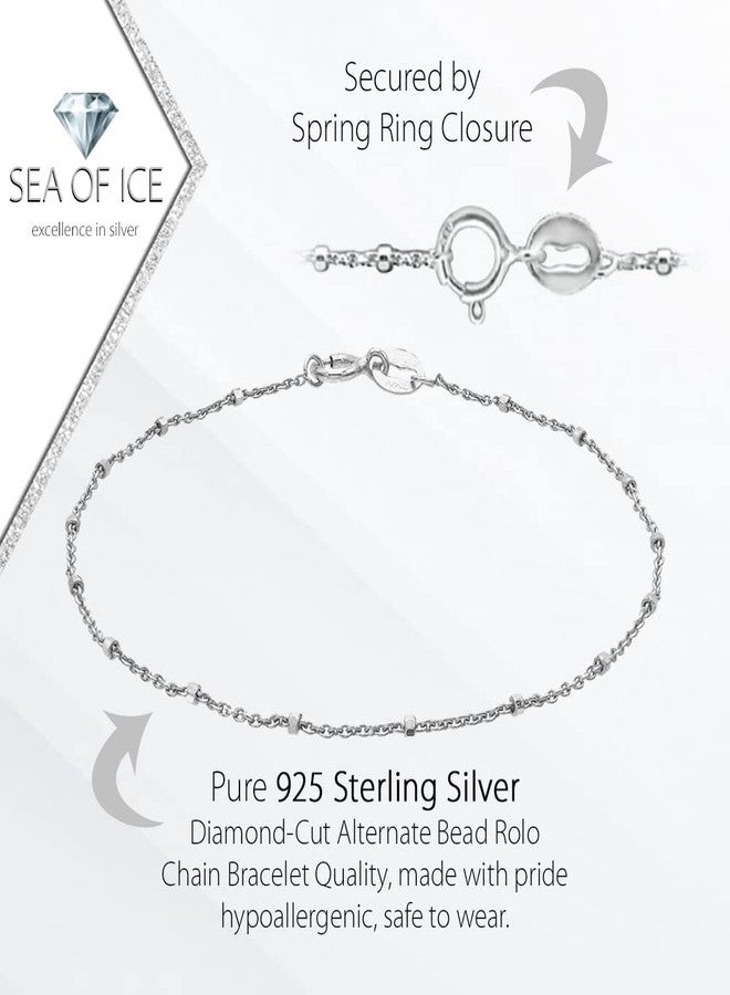 SEA OF ICE Sterling Silver 1mm Diamond-Cut Alternate Bead Italy Rolo Chain Bracelet for Women, Size 7.25 Inches - Image 2