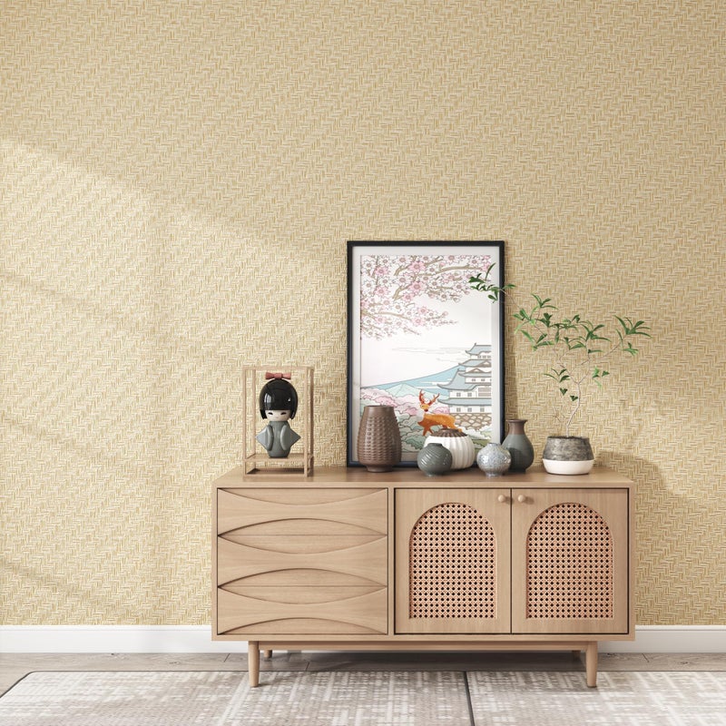Haimin Fabric Wallpaper Textured Contact Paper (24in X 393in) Grasscloth Wallpaper Peel and Stick Faux Linen Wall Paper Self-Adhesive Vinyl Looks Like Woven Straw (Yellow Beige) - Image 2
