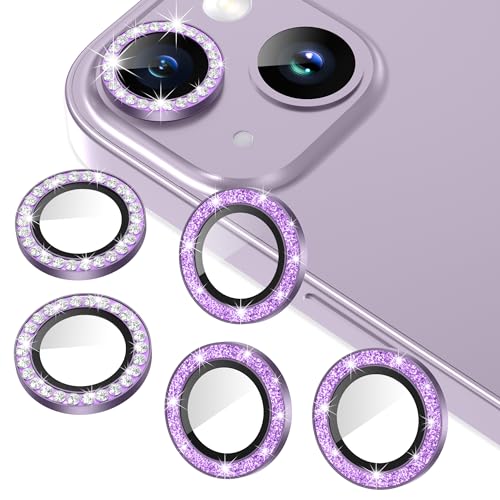 AGVEE 14/14 Plus 3+3 6 Pack for iPhone 13 6.1" / 13 Mini 5.4" Camera Lens Protector, Bling Diamond & Bling Glitter Metal Ring 9H Tempered HD Glass Camera Cover Film, Bling-Purple - Image 1