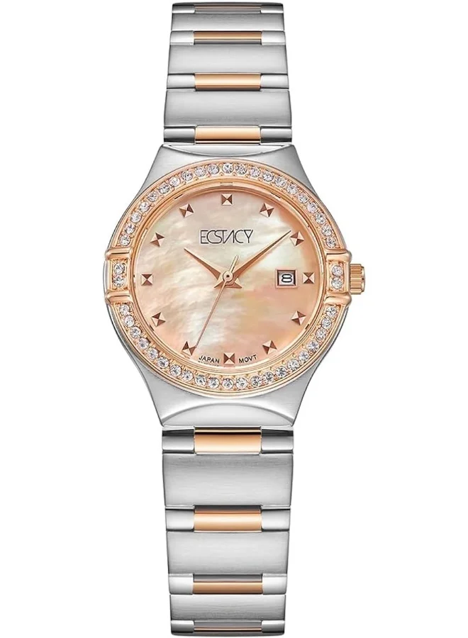 ECSTACY Ecstacy Women's Japan Quartz Movement Watch, Analog Display and Brushed With Polished Middle Link Stainless Steel Strap - E6512-KBKM, Silver