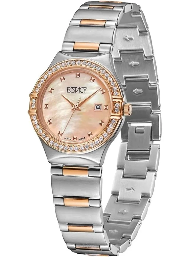 ECSTACY Ecstacy Women's Japan Quartz Movement Watch, Analog Display and Brushed With Polished Middle Link Stainless Steel Strap - E6512-KBKM, Silver