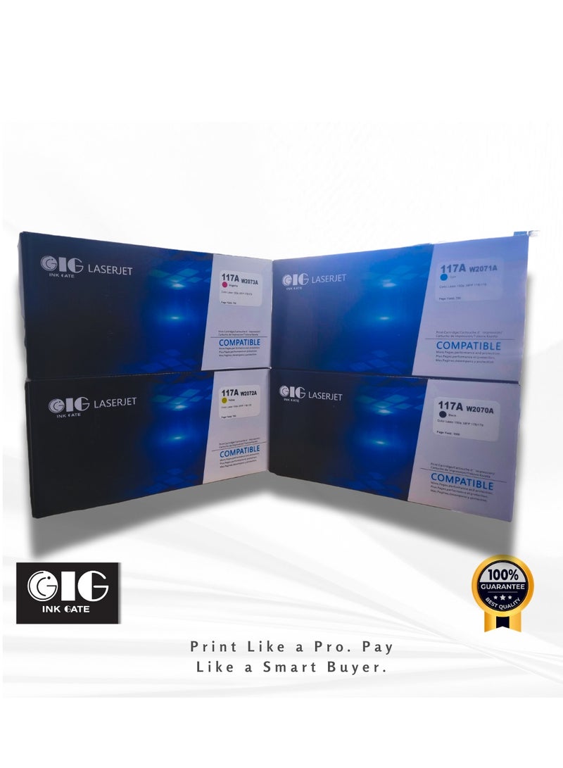 IG Compatible Toner Cartridge Set – Black, Cyan, Magenta, Yellow – Replaces HP 117A – For HP Color Laser 150a / MFP 178nw / MFP 179fnw – 4-Pack – 1000/700 Pages - Image 1