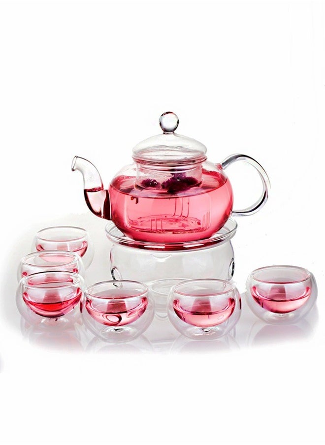 HOOPZOZA Glass Tea Maker Teapot With Filtering Glass Warmer 6 Tea Cups Set 50mL  - Image 1