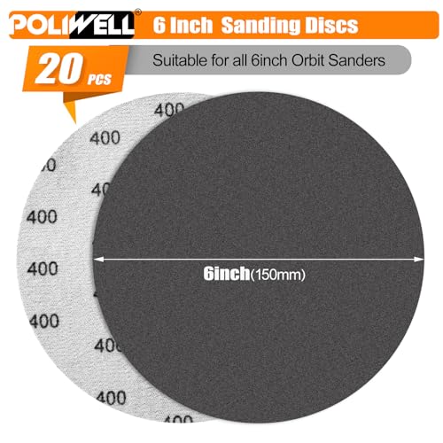 POLIWELL 6 Inch (150mm) 400 Grit Sanding Discs, Waterproof Hook & Loop Heavy Duty Silicon Carbide Round Flocking Sandpaper for Wet/Dry Sanding Grinder Polishing Accessories, 20-Pack - Image 2