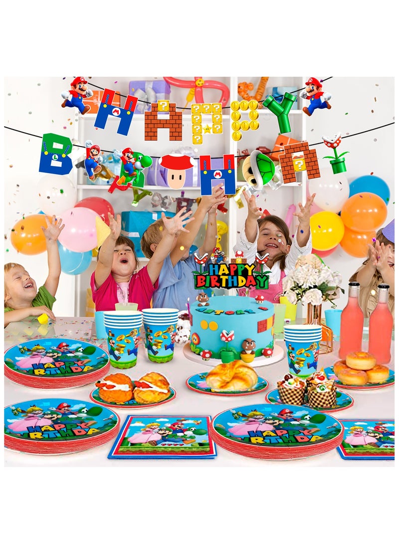 FRUITFUL PARTY 128pcs Super Mario Brothers Birthday Party Supplies for 16 Guests, Mario Disposable Set Super Mario Party Plates and Napkins Cups Tablecloth Banner - Image 5