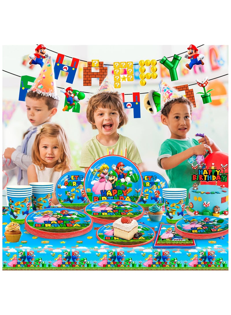 FRUITFUL PARTY 128pcs Super Mario Brothers Birthday Party Supplies for 16 Guests, Mario Disposable Set Super Mario Party Plates and Napkins Cups Tablecloth Banner - Image 4