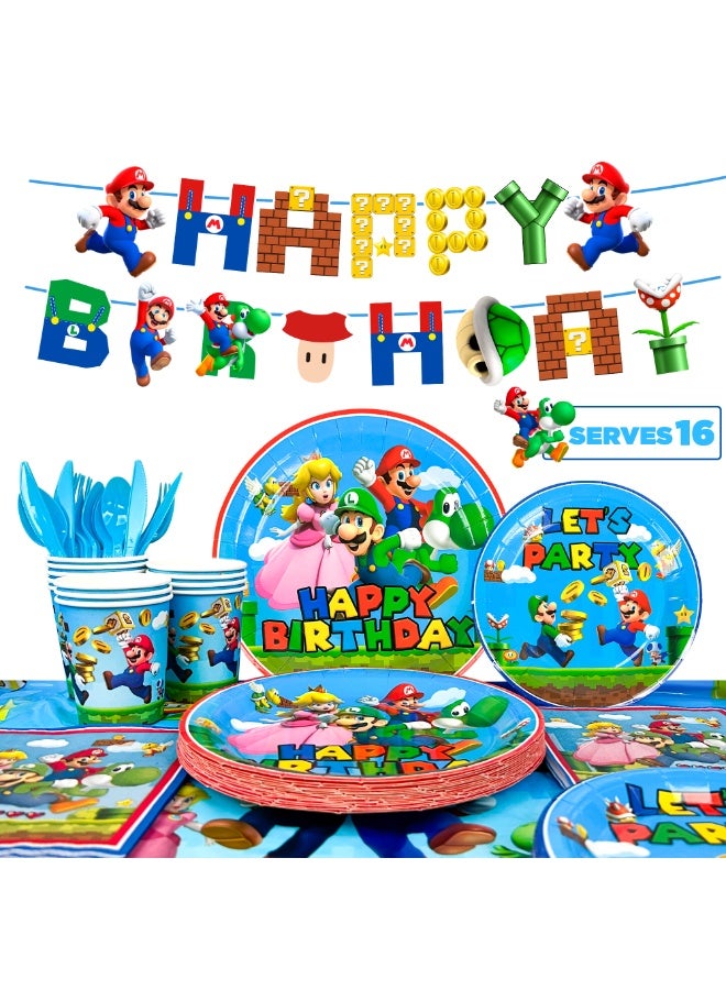 FRUITFUL PARTY 128pcs Super Mario Brothers Birthday Party Supplies for 16 Guests, Mario Disposable Set Super Mario Party Plates and Napkins Cups Tablecloth Banner - Image 1
