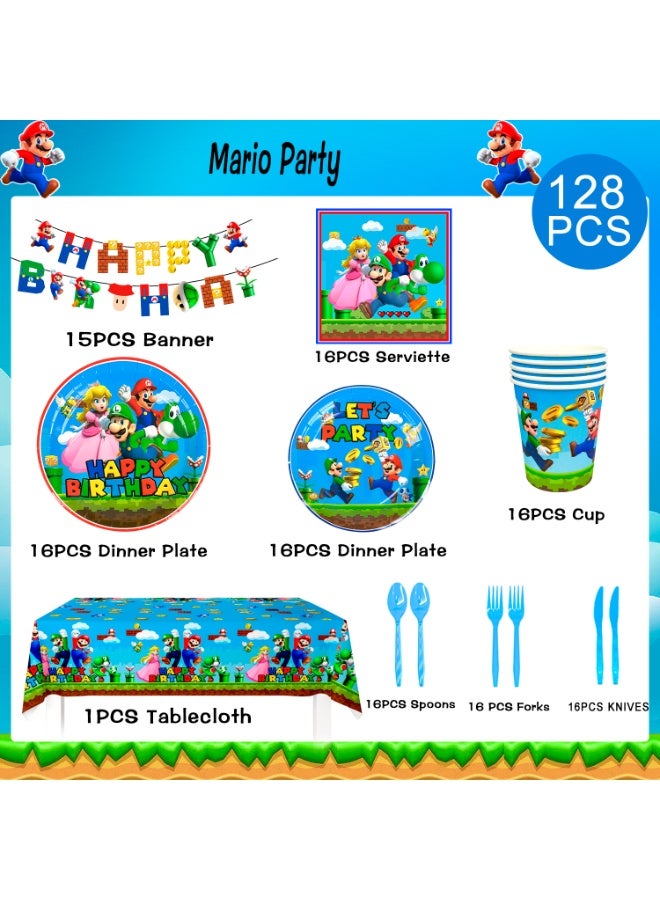 FRUITFUL PARTY 128pcs Super Mario Brothers Birthday Party Supplies for 16 Guests, Mario Disposable Set Super Mario Party Plates and Napkins Cups Tablecloth Banner - Image 2