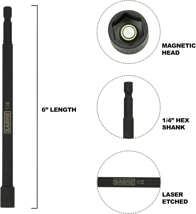 Sabre Tools 1/4 Inch Impact Magnetic Nut Driver – 6 Inch Length, 1/4 Inch Hex Shank, Magnetic Socket Tip (1/4” SAE) - Image 1