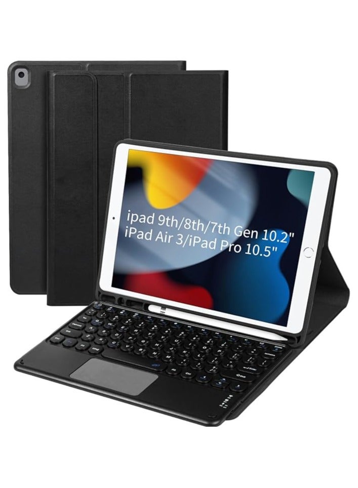 Keyboard Case for ipad 9th/8th/7th Gen 10.2"/iPad Air 3/iPad Pro 10.5", with Arabic Intelligent Touch Trackpad Bluetooth Keyboard, Built in Pencil Holder, Detachable Keyboard Case-（Black）